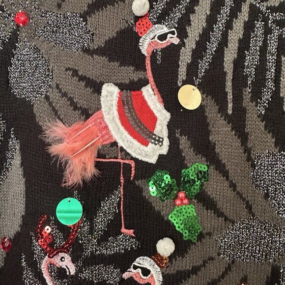 SOLD Ugly Christmas Sweater Flamingo Women L Pullover Feather Embroidered 3D Be - Picture 5 of 9